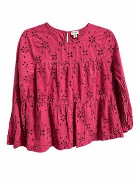 J.Crew Pink Eyelet Tiered Popover Top Medium Long Sleeve Boho Blouse feminine